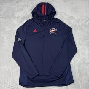 Adidas NHL Columbia Blue jackets Hoodie Navy 1/4 Zip Mens L Climate Lightweight